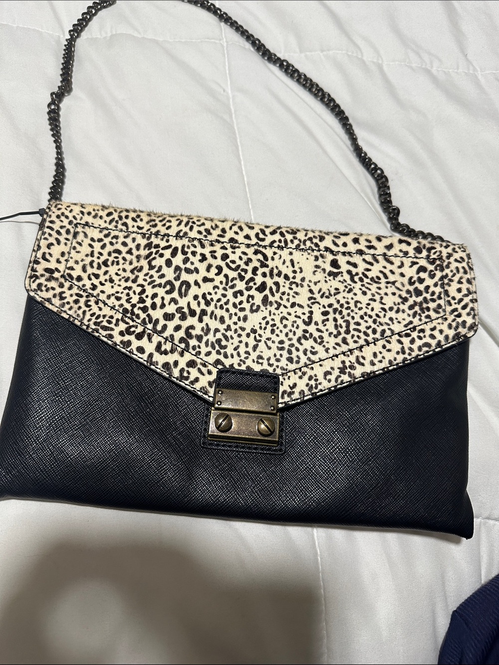 Black Shoulder Bag with Cream Leopard-Print Flap